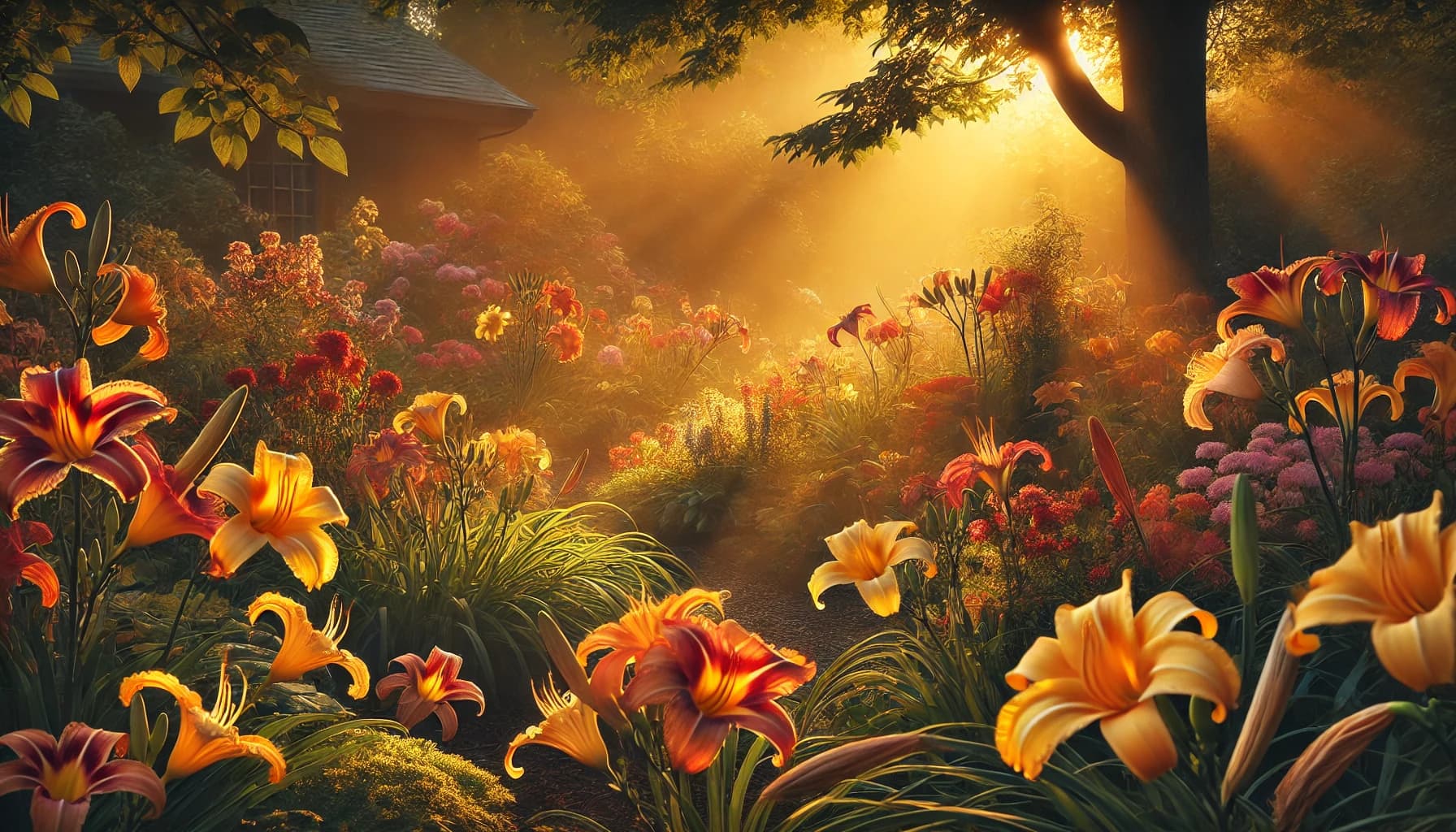 Beautiful daylily garden at golden hour